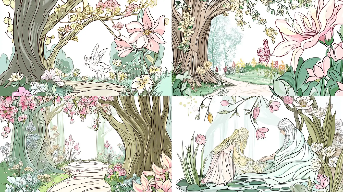Whimsical Enchanted Garden with Pastel Tones and Delicate Lines - Midjourney sref style