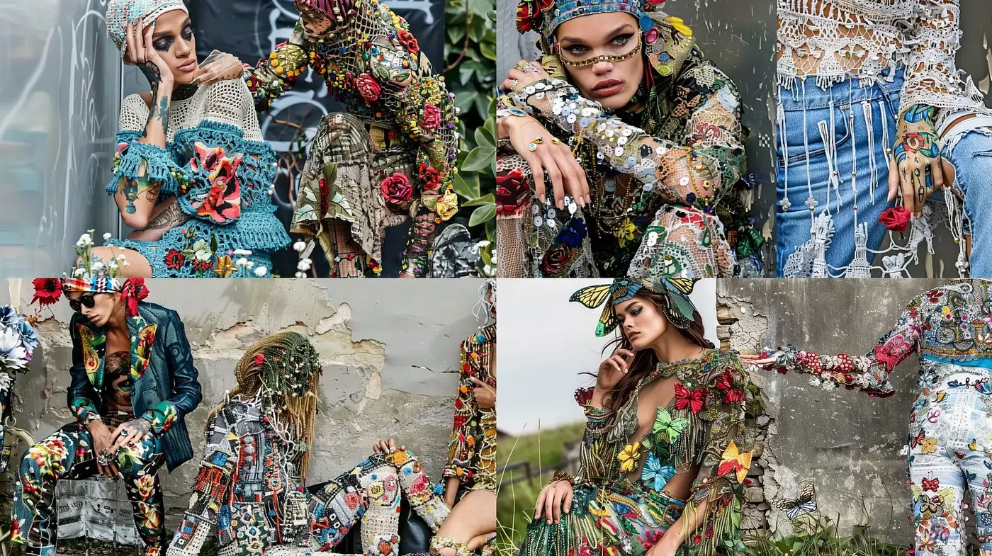 Eclectic Tapestry of Textures and Floral Embellishments - Midjourney sref style