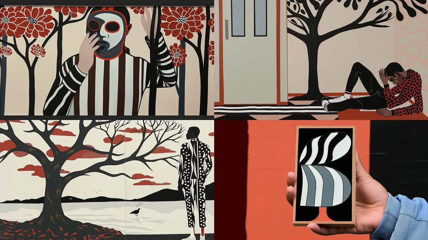 Contemporary Graphic Contrasts with Figurative and Organic Motifs - Midjourney sref style