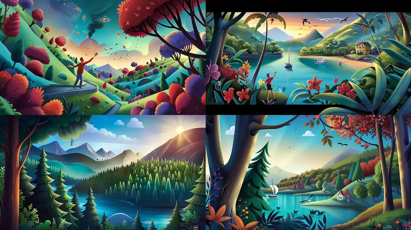 Whimsical Vibrant Nature Landscapes with a Playful Touch - Midjourney sref style