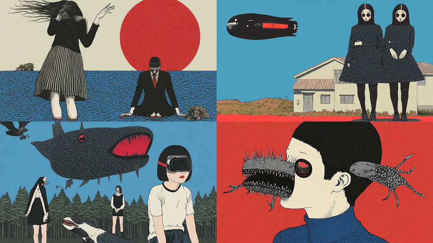 Eccentric Pop Art Allure with Surreal Japanese Motifs - Midjourney sref style