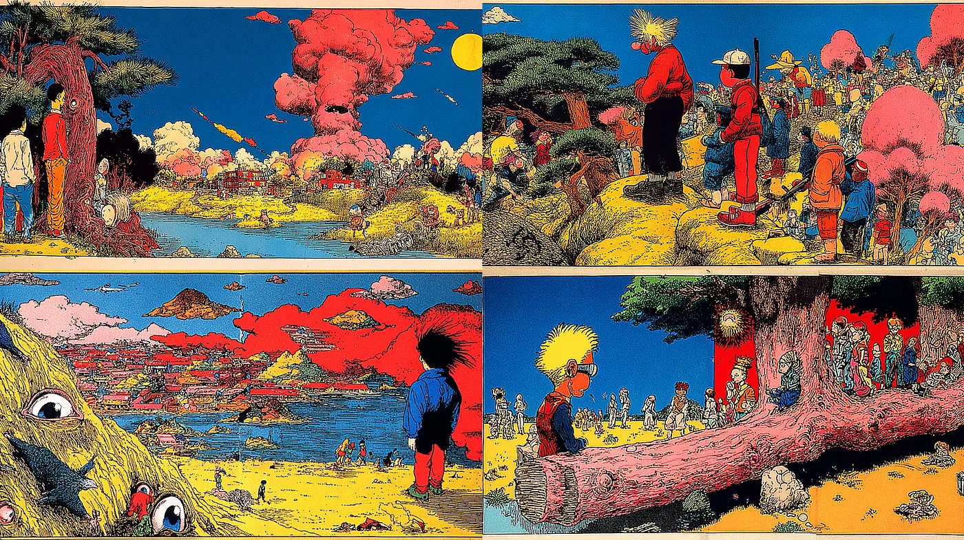 Vibrant and Surreal Landscapes with Nostalgic Undertones - Midjourney sref style