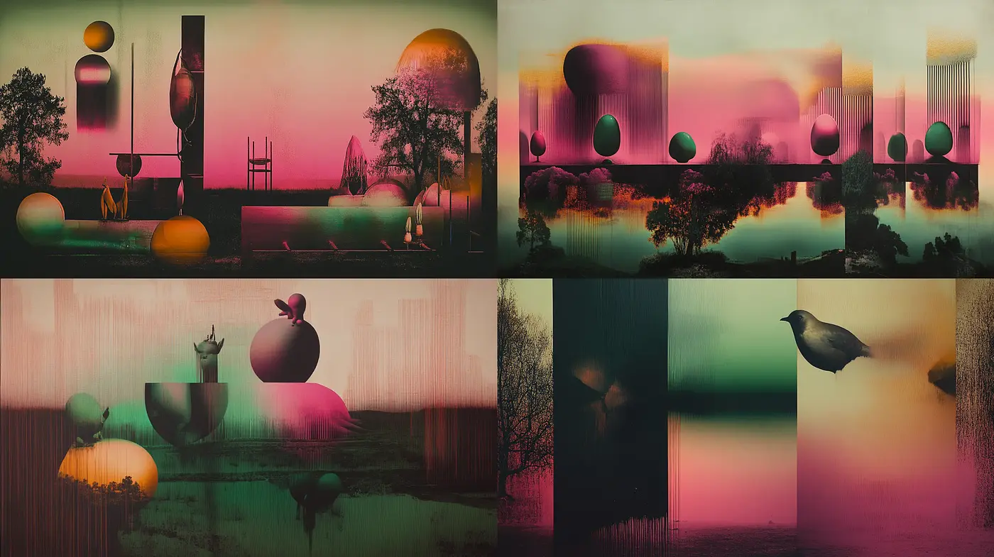 Surrealist Dreamscape: A Study in Pink and Green with Ethereal Overtones - Midjourney sref style