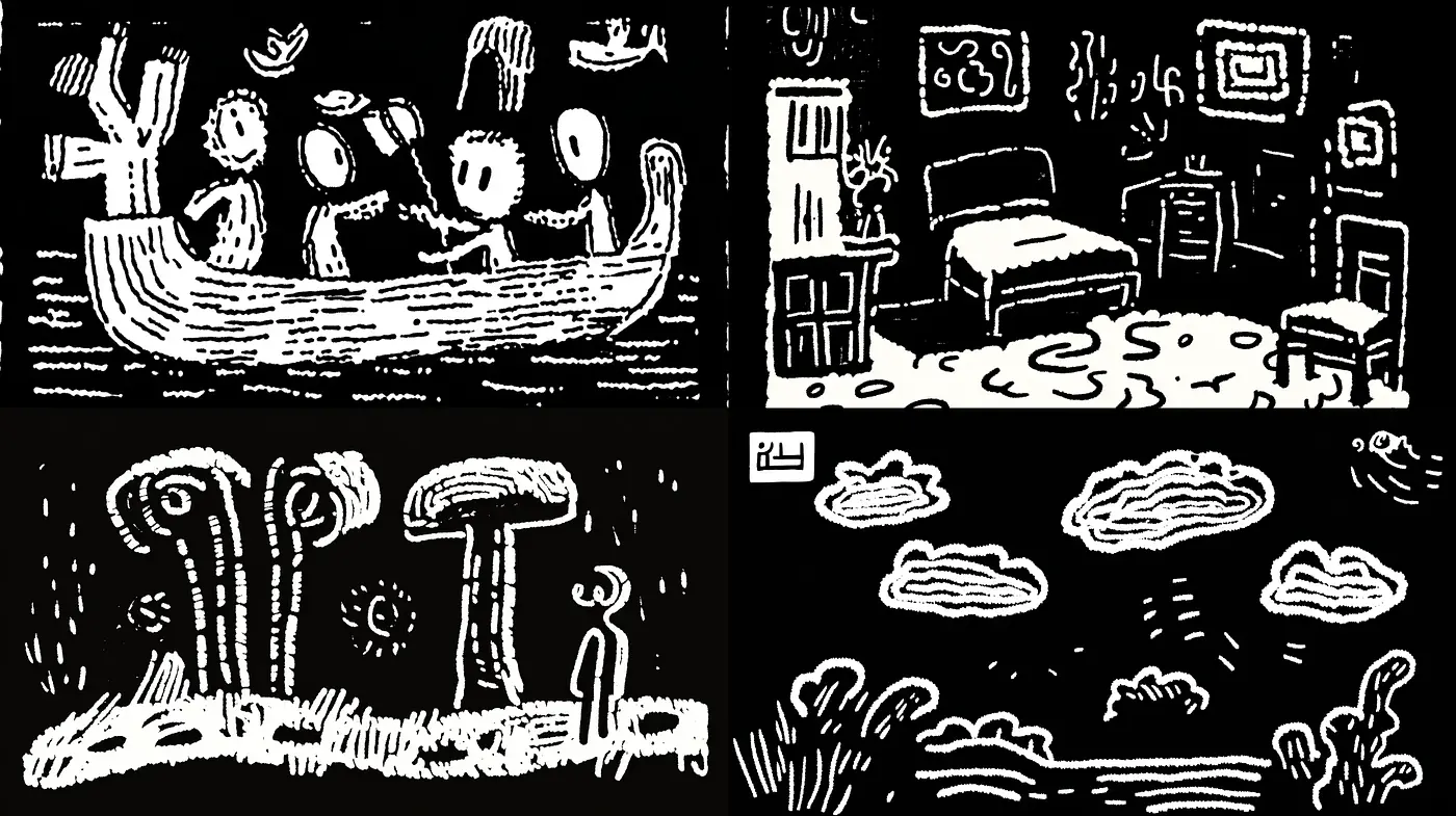 Monochromatic Dreamscape in Scratchboard Effect - Midjourney sref style