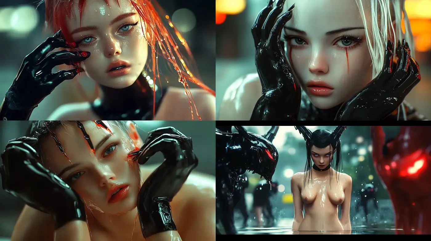 Glossy Cybernetic Elegance with a Cinematic Nocturnal Ambience - Midjourney sref style