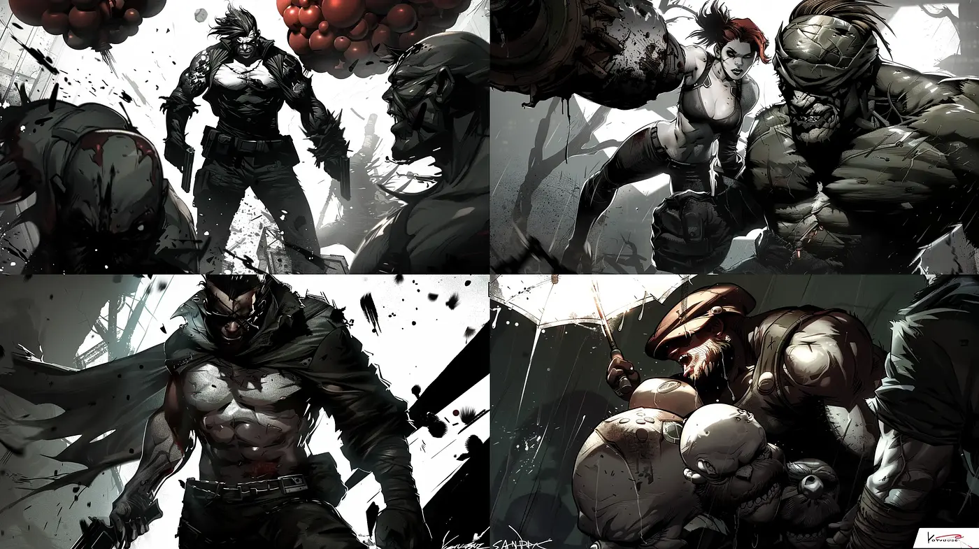 Dynamic Ink Splatter and Monochrome Intensity in Graphic Novel Artistry - Midjourney sref style