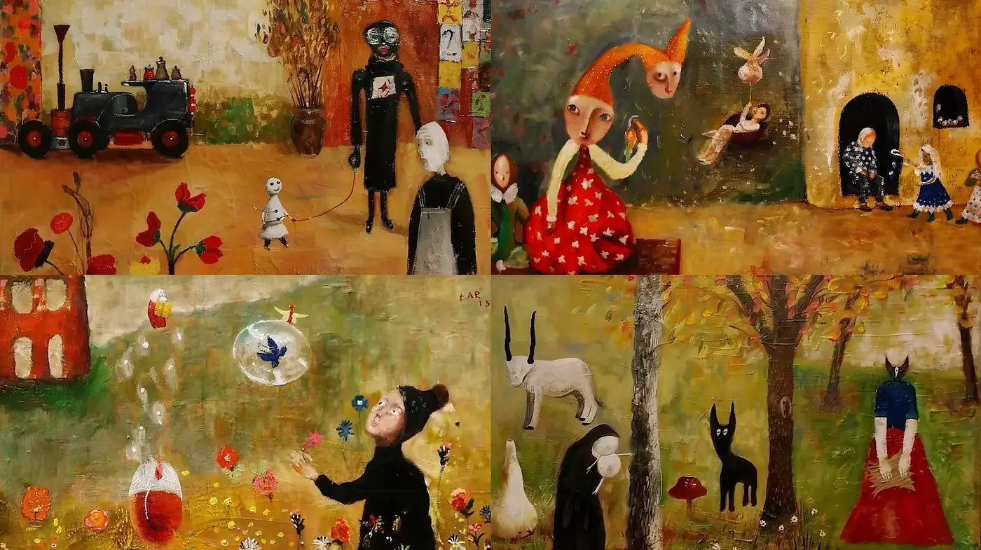 Whimsical and Playful Storybook Aesthetic with Folk Art Influences - Midjourney sref style