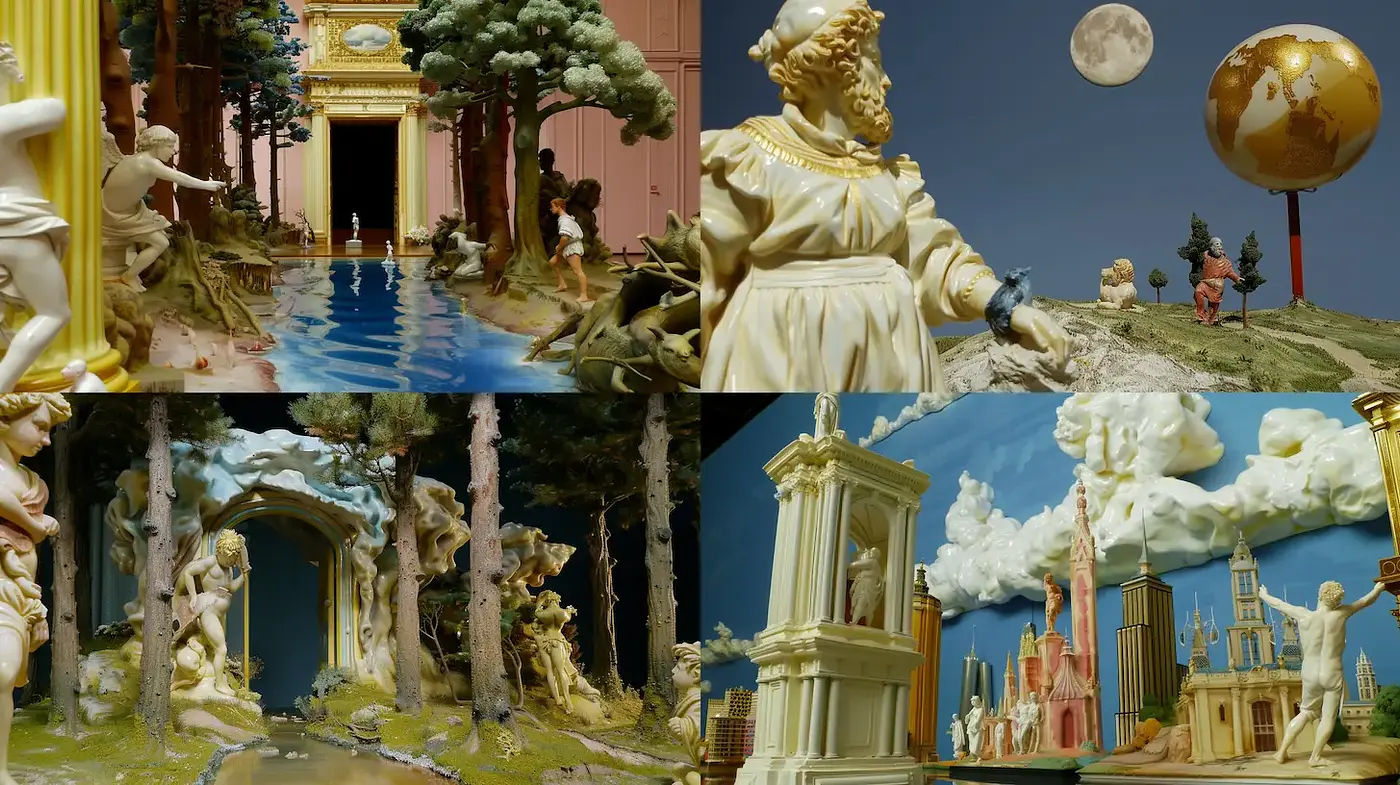 Surreal and architectural grandeur evoking classical themes with a whimsical touch - Midjourney sref style