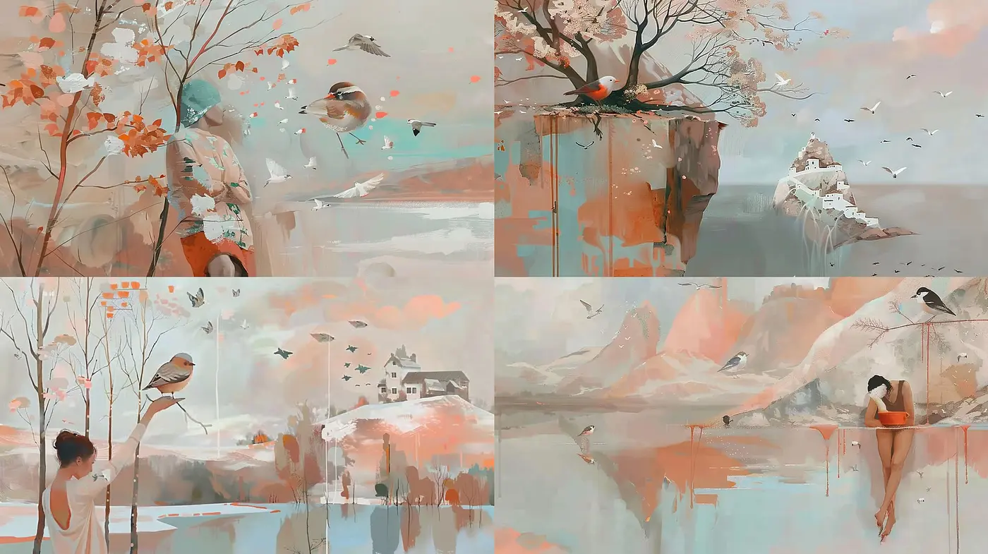 Serene and Harmonious Watercolor Dreamscape with a Touch of Melancholy - Midjourney sref style