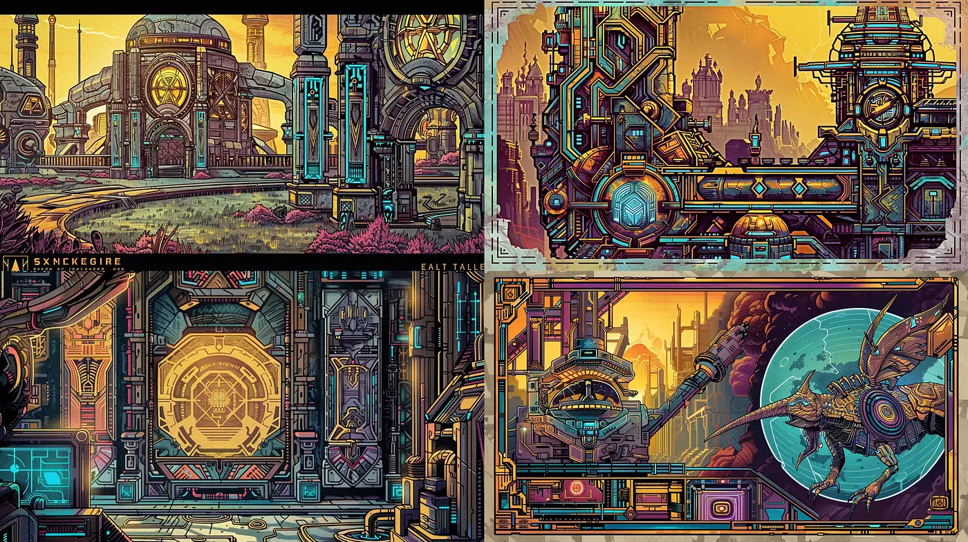 Futuristic Retro-Industrial Panoply with Neon Highlights - Midjourney sref style