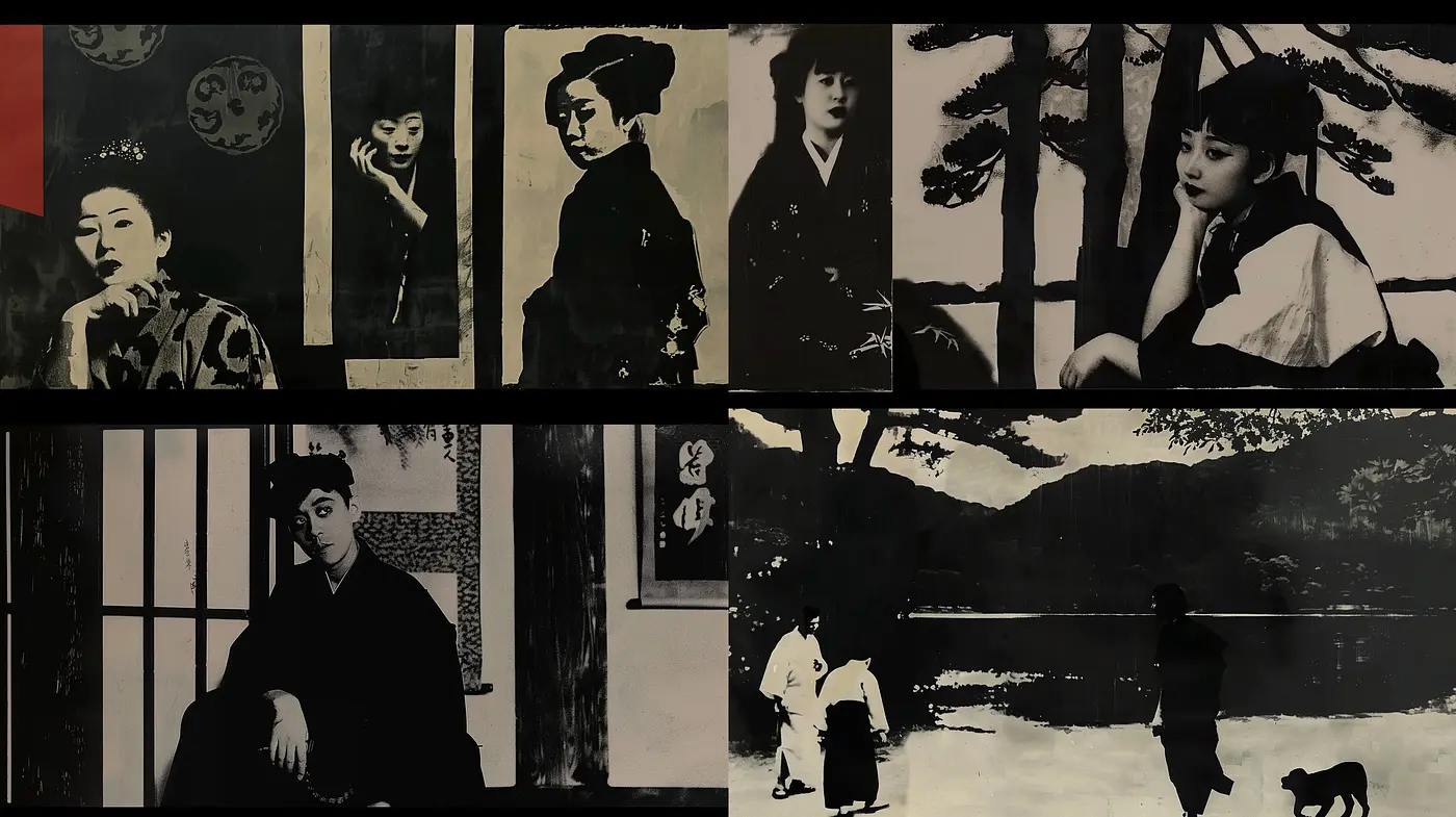 Monochromatic Elegance: A Fusion of Eastern Traditional Imagery and Vintage Cinematic Expression - Midjourney sref style