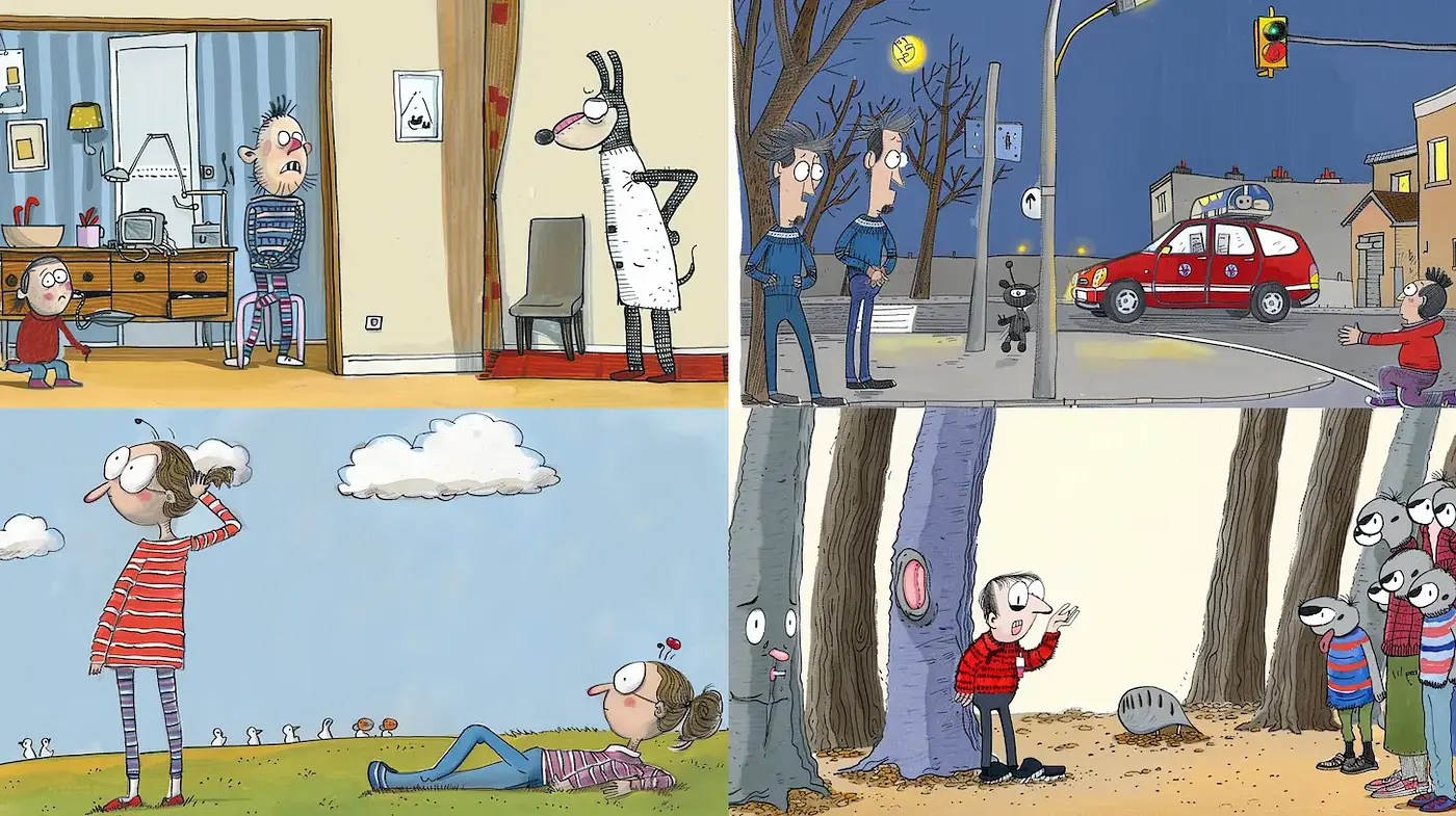 Playful and whimsical cartoon with a humorous narrative style - Midjourney sref style