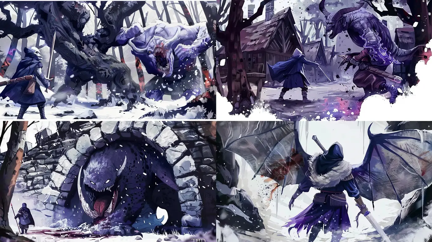 Ethereal Fantasy Winter Battle with Dynamic Brushwork - Midjourney sref style