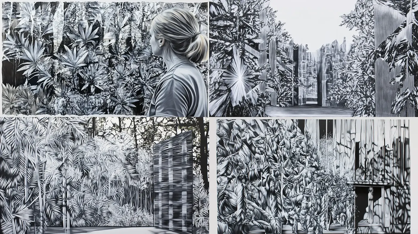 Monochromatic Botanical Dreamscape: A Fusion of Natural Forms and Urban Textures - Midjourney sref style