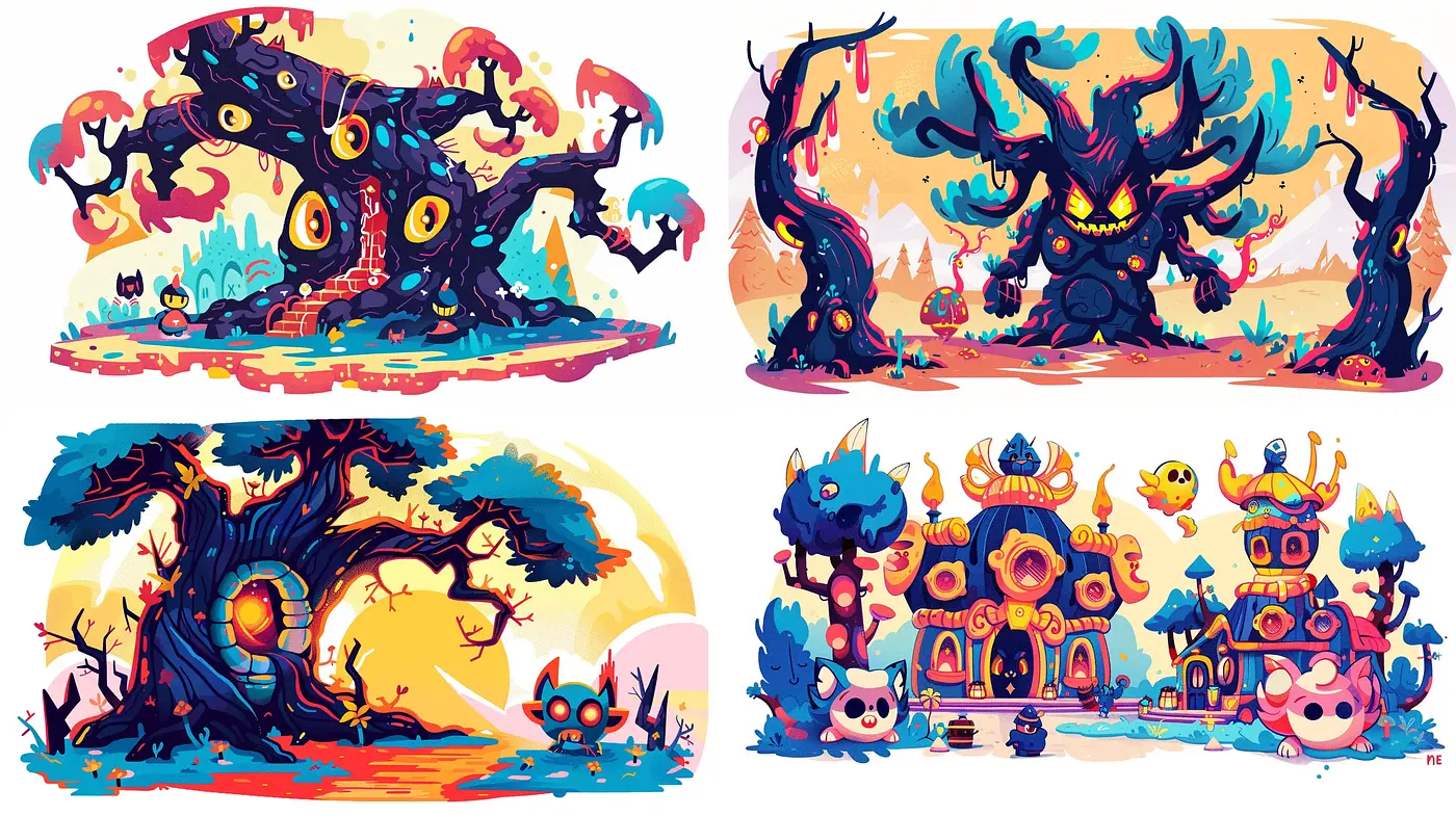 Whimsical Fantasy Panorama with Expressive Characters - Midjourney sref style
