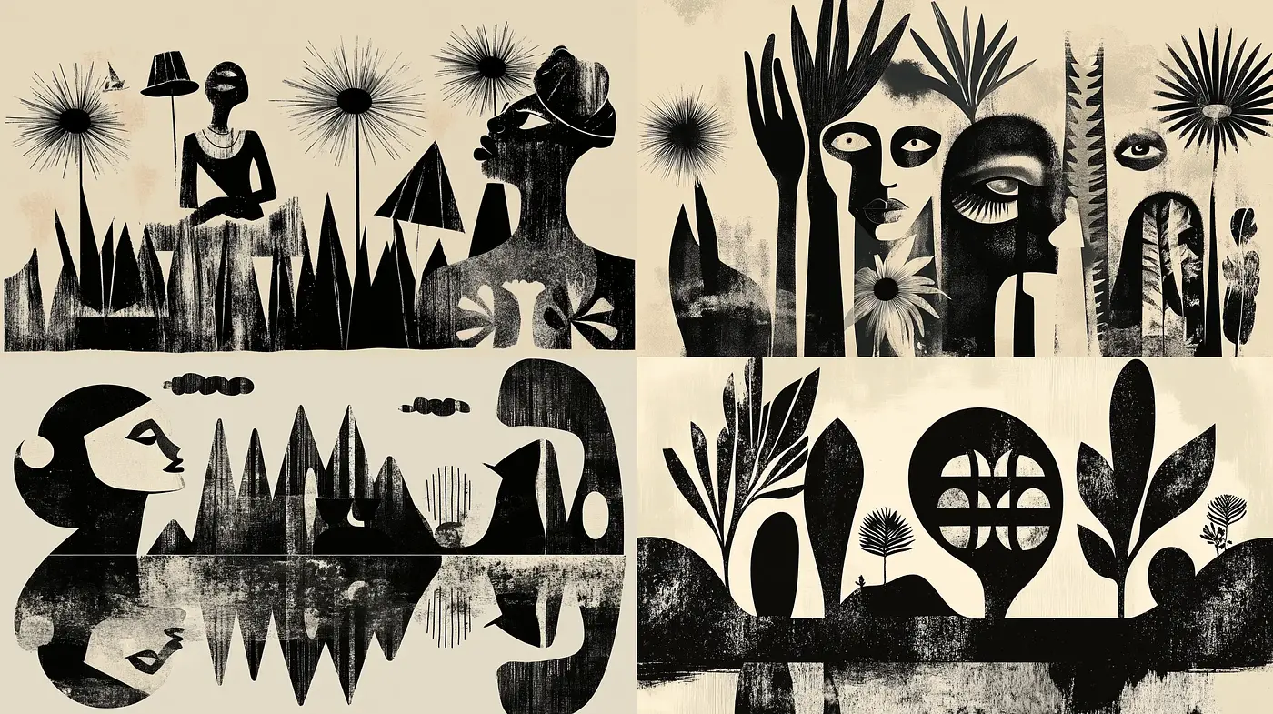 Abstract Naturalist Fusion in a Monochrome Dream - Midjourney sref style