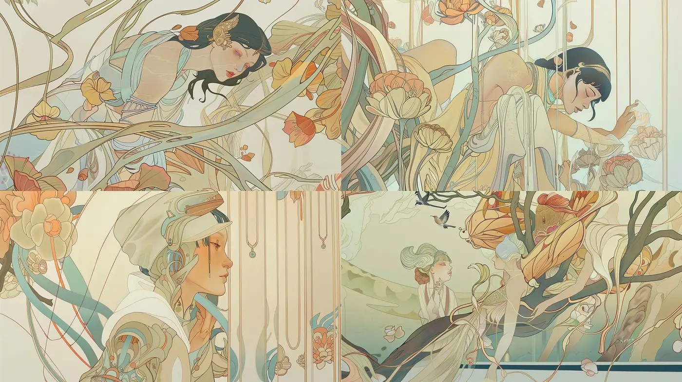 Ethereal Grace: A Harmonious Blend of Pastel Elegance and Flowing Art Nouveau Forms - Midjourney sref style