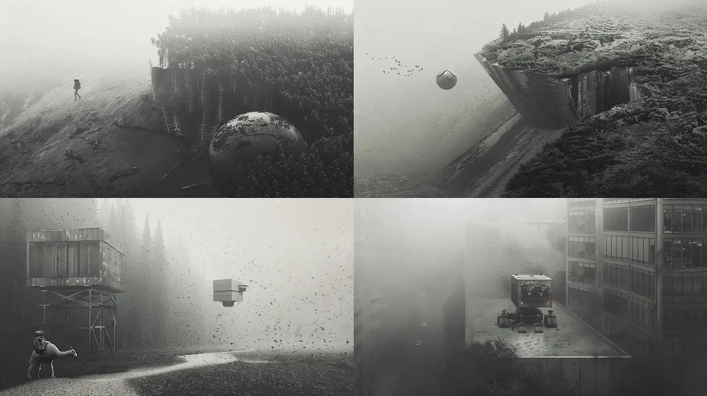 Surreal, atmospheric landscape with a hint of dystopian themes - Midjourney sref style