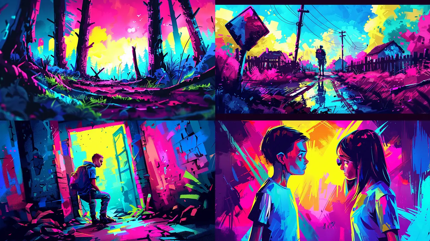 Surreal Chromatic Vibrancy in Dystopian Scenes - Midjourney sref style