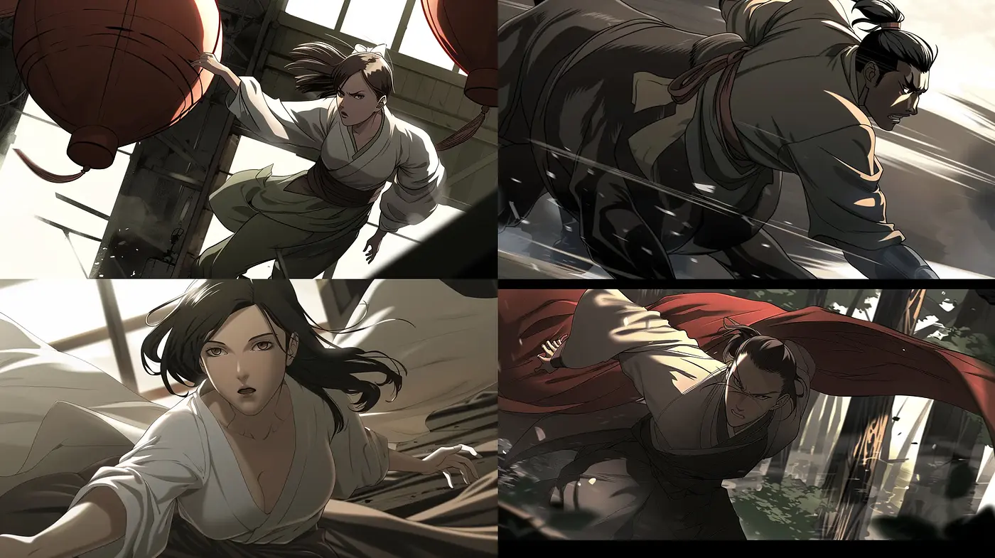 Dynamic Cinematic Illustrations with Anime Influence and Earth-Toned Palette - Midjourney sref style