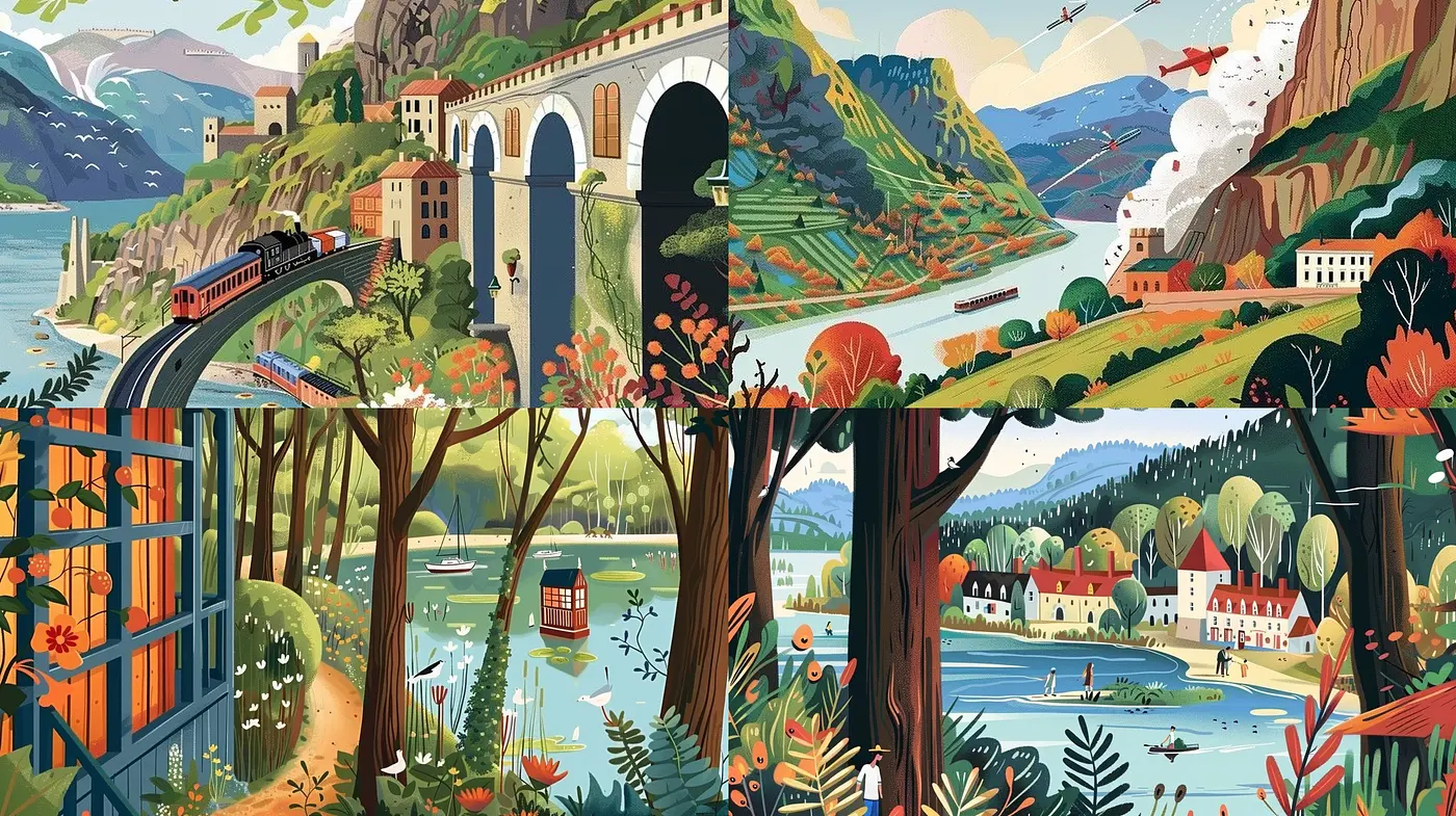 Whimsical Nature and Travel Fusion with Vibrant Storybook Illustration Quality - Midjourney sref style