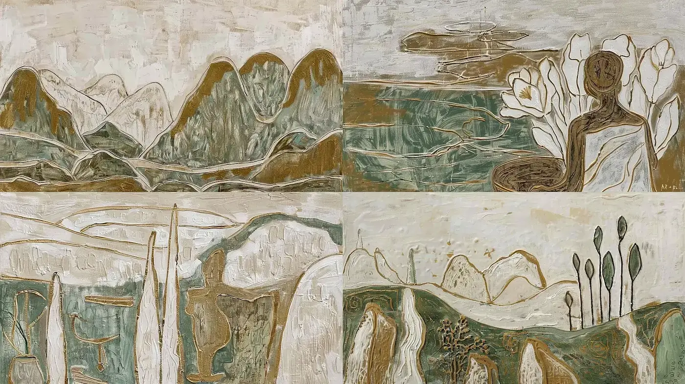 Harmonious Fusion of Abstract Landscape and Figurative Representation - Midjourney sref style