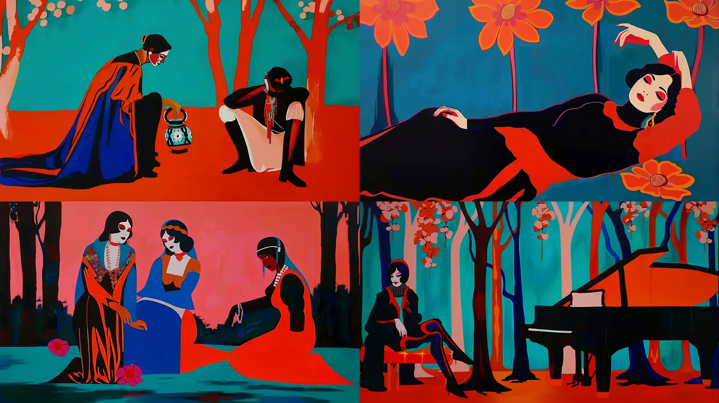 Bold Silhouettes and Vivid Contrasts: A Modernist Homage in Graphic Style - Midjourney sref style