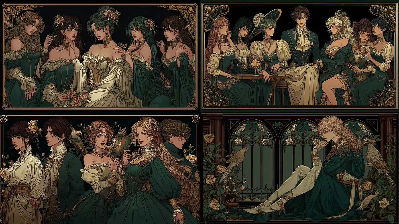 Elegant Art Nouveau with Romantic Flourishes and Soft Textures - Midjourney sref style