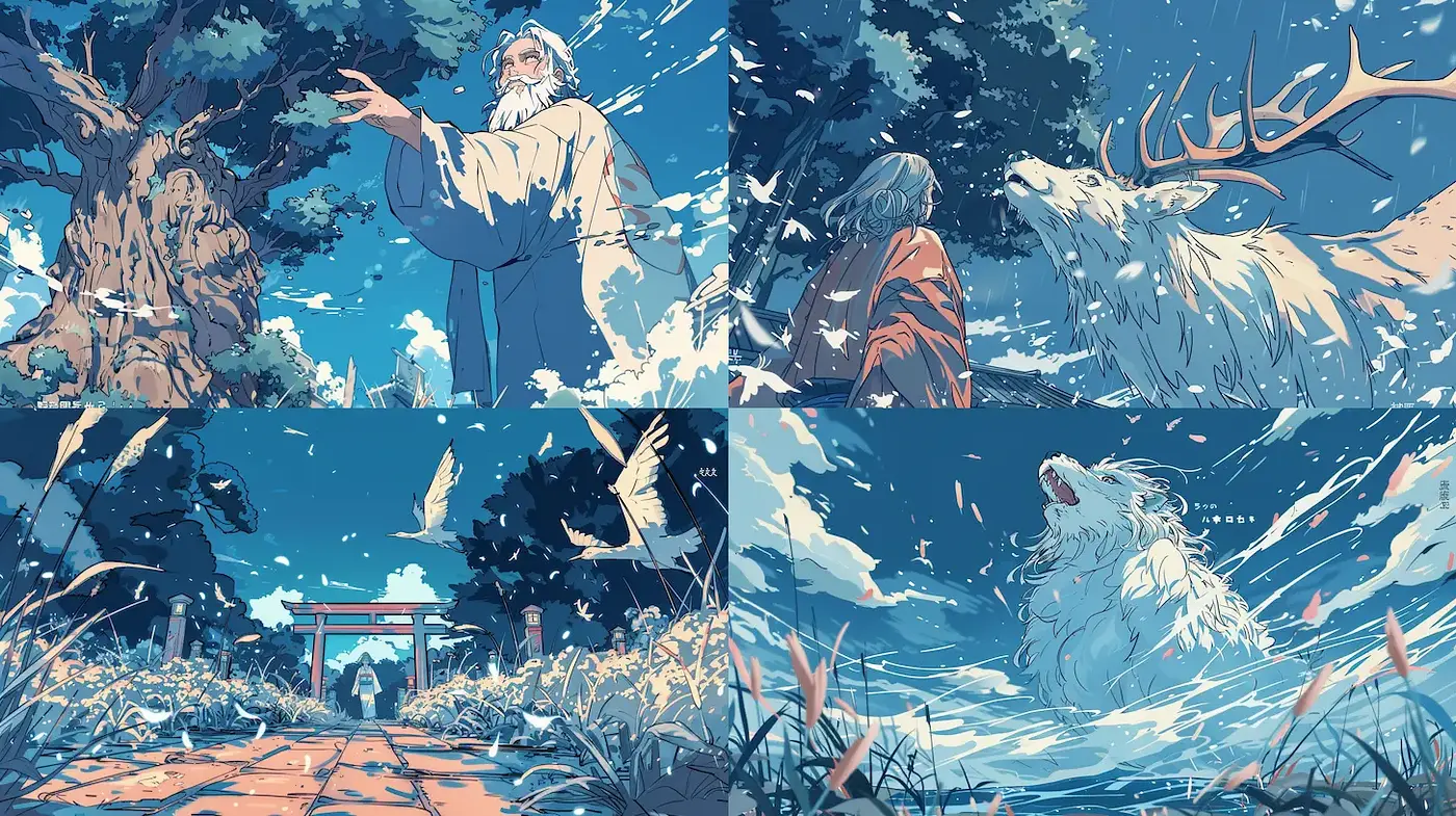 Nature and Myth in Harmonious Blues and White Tones - Midjourney sref style