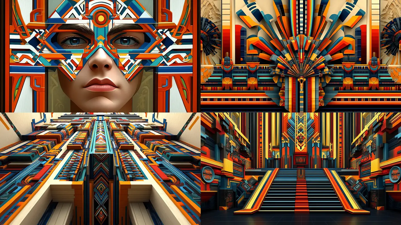 Geometric Elegance with Extravagant Art Deco Reverence - Midjourney sref style