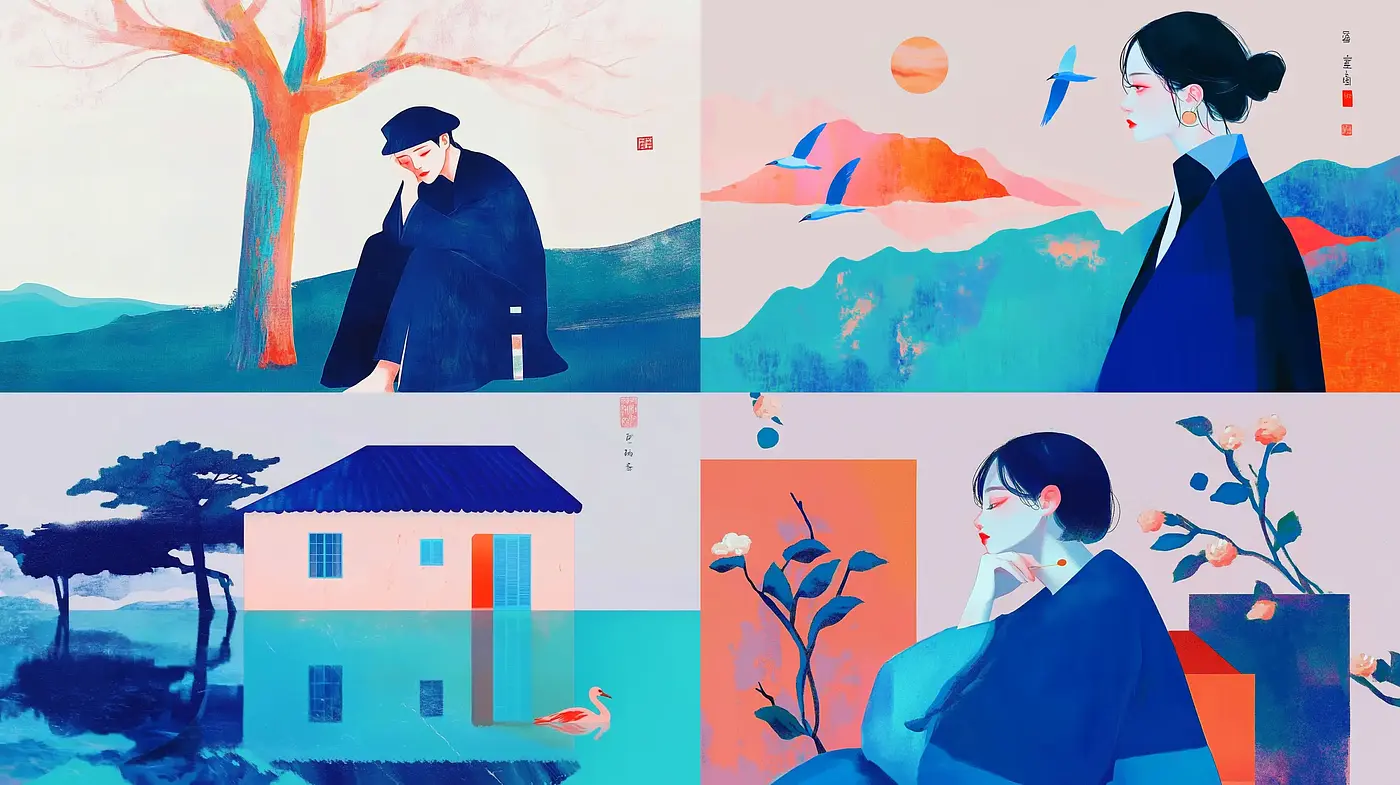 Serene Pictorial Elegance with East Asian Aesthetic - Midjourney sref style