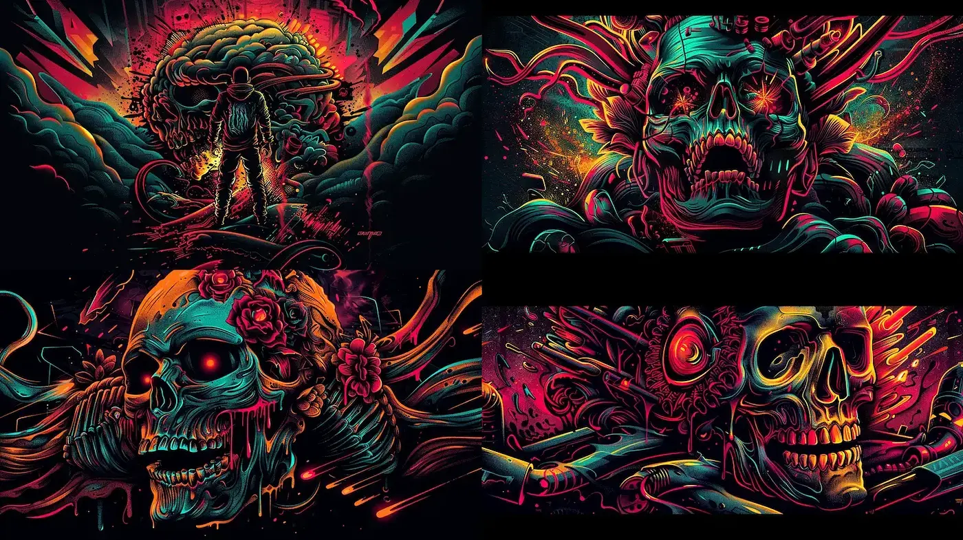 Vibrant and Macabre Fusion of Surrealism and Illustrative Art - Midjourney sref style