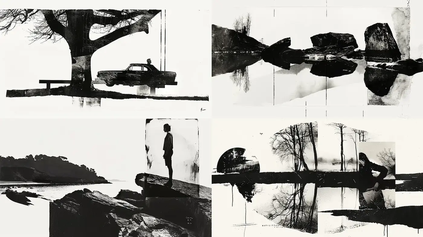 Somber and introspective monochromatic landscapes with a touch of surrealism - Midjourney sref style