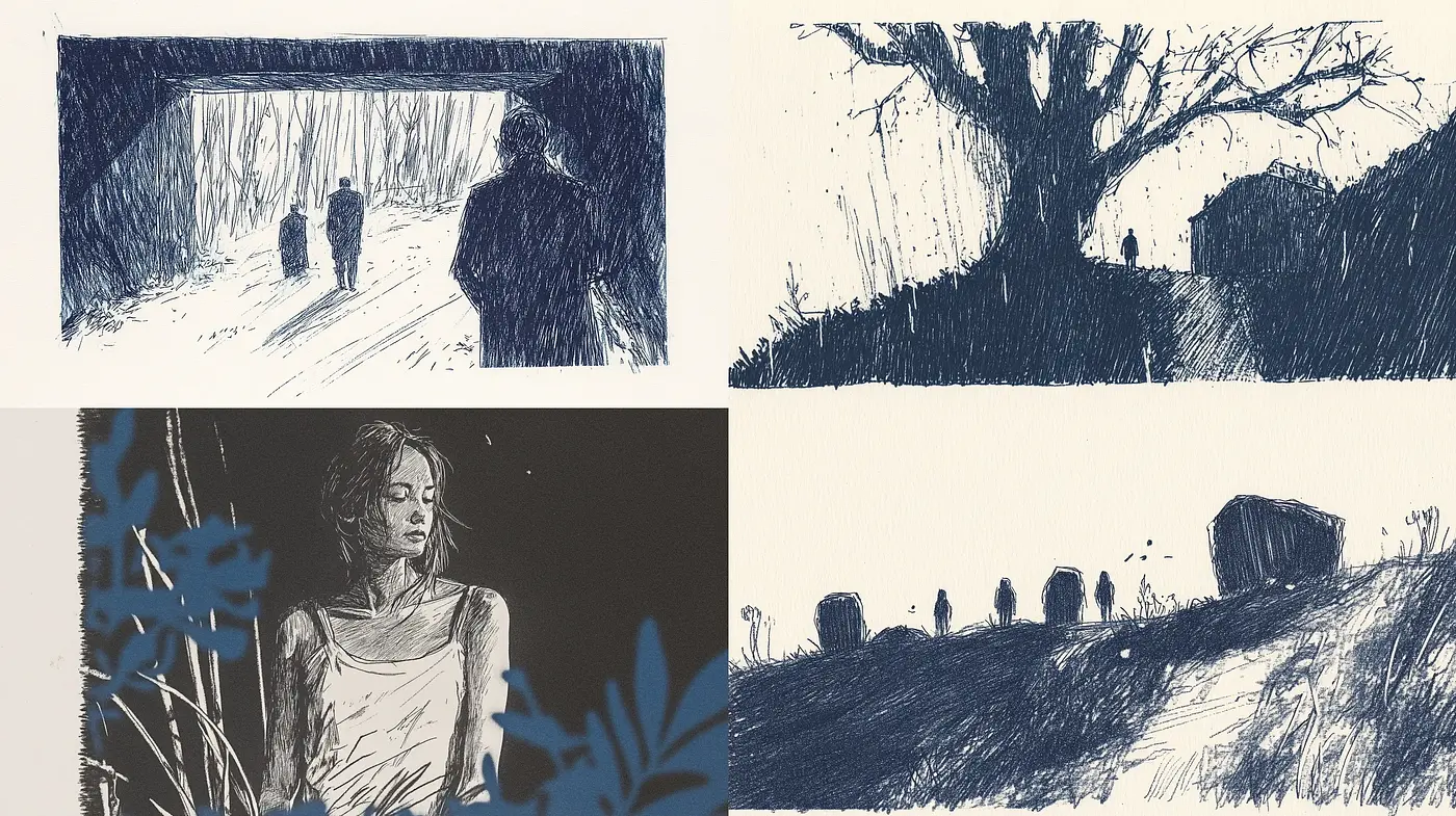 A Midjourney Style - Monochromatic Blue Sketches with Pen-like Texturing