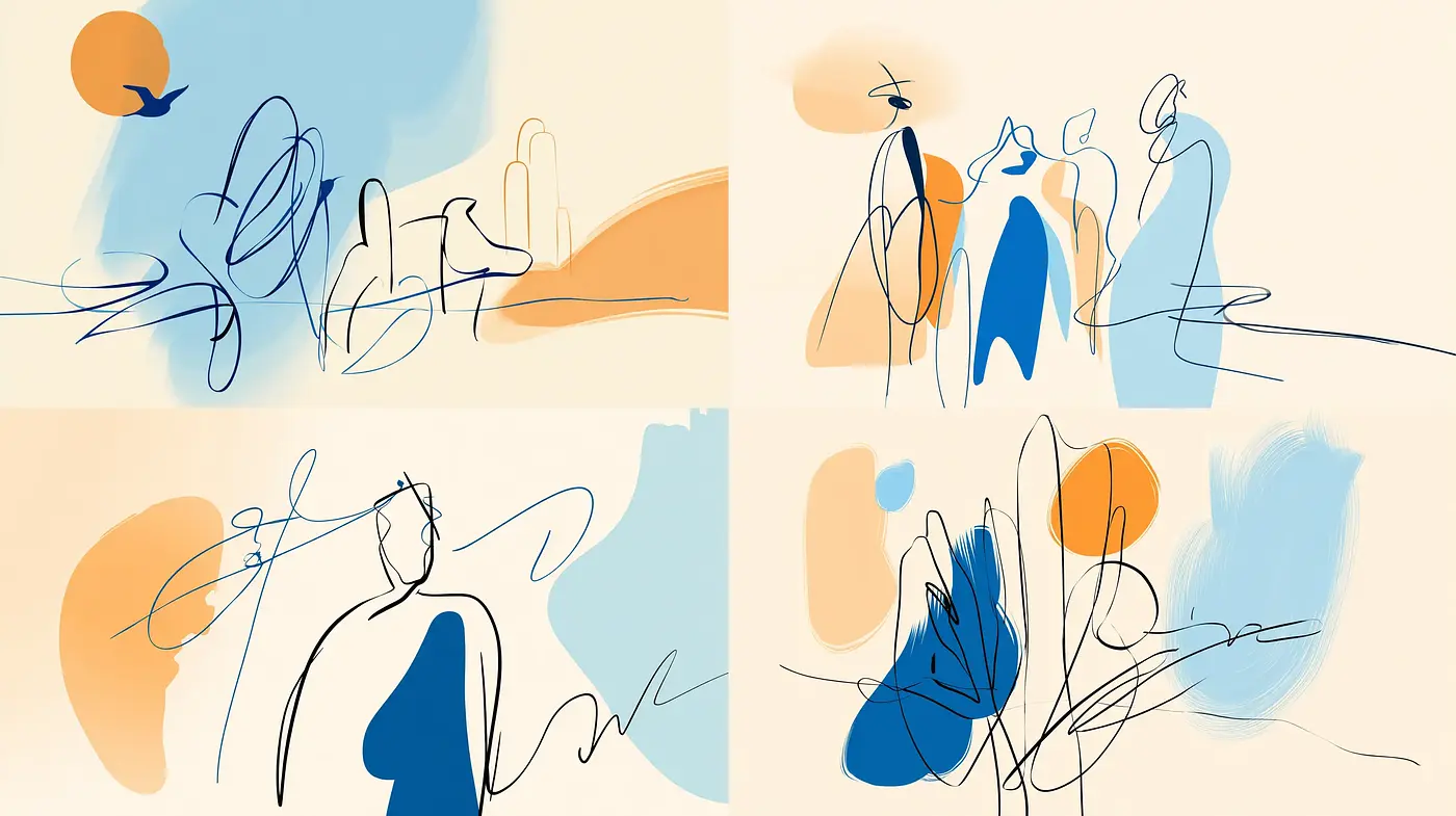 Whimsical Abstract Illustrations with Fluid Lines and a Warm Palette - Midjourney sref style
