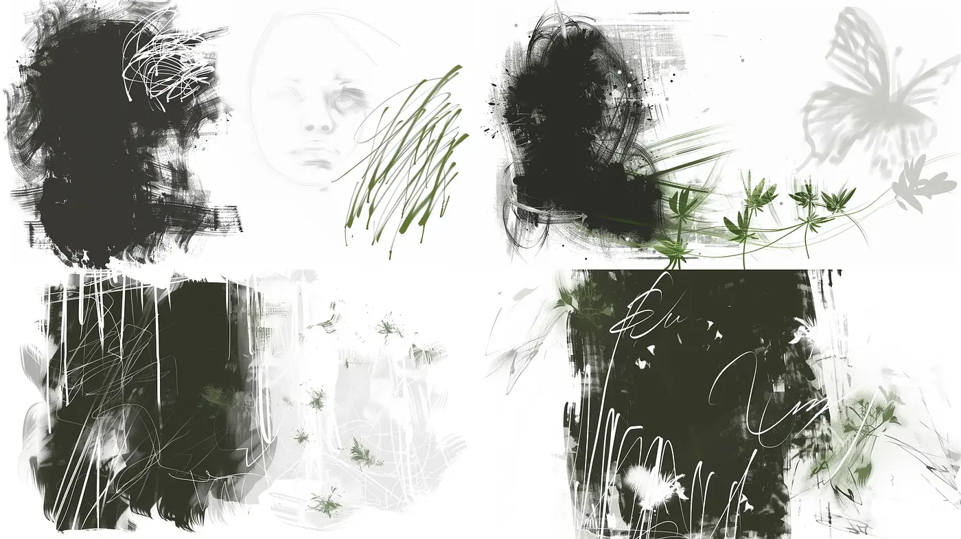 Abstract Brushwork Harmony in Monochrome with Botanical Accents - Midjourney sref style