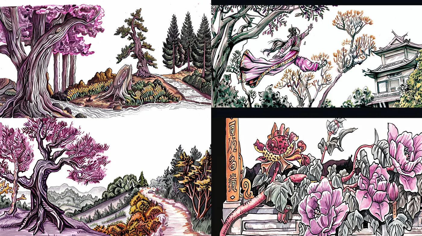 Ethereal Eastern Inkscapes in Muted Watercolor Tones - Midjourney sref style