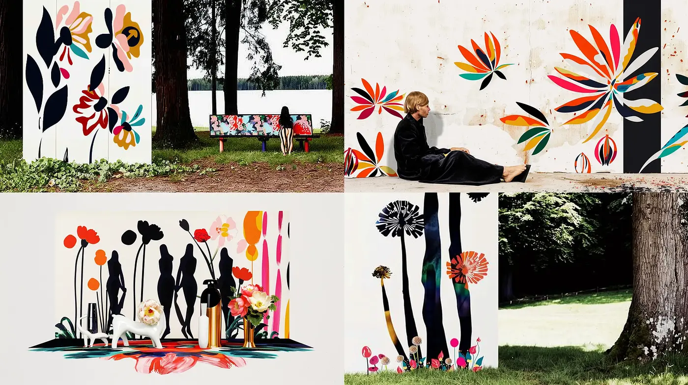 Contemporary Botanical Mural Impressions with a Vibrant Surrealist Twist - Midjourney sref style