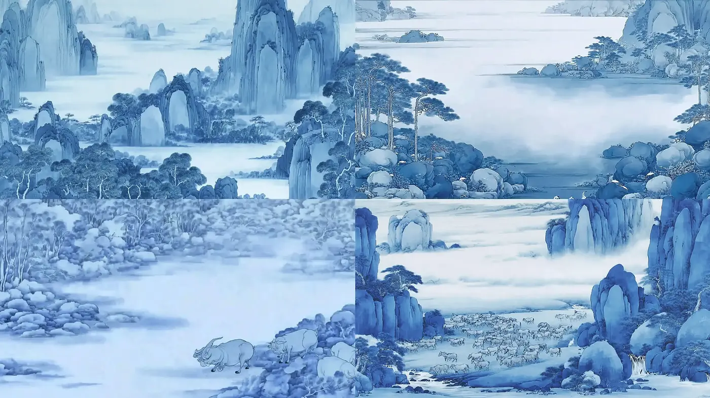 Serene landscapes with harmonious blue tones and traditional elements - Midjourney sref style