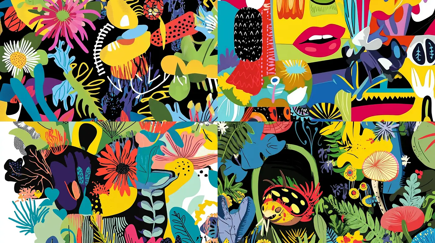 Eclectic Tapestry of Vivid Botanicals and Abstract Forms - Midjourney sref style