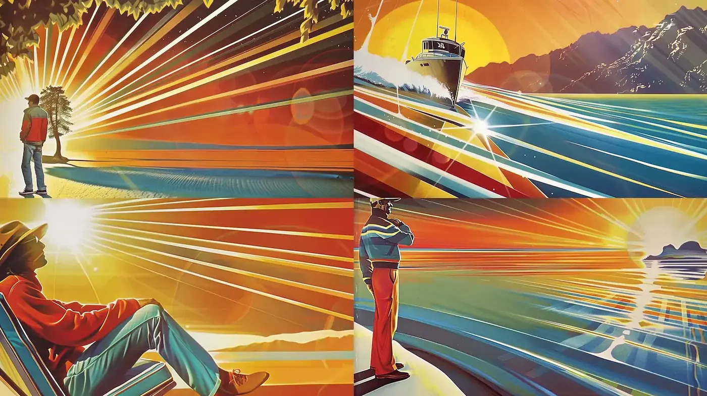 Vibrant and Stylized Retro Seascapes with Dynamic Light - Midjourney sref style