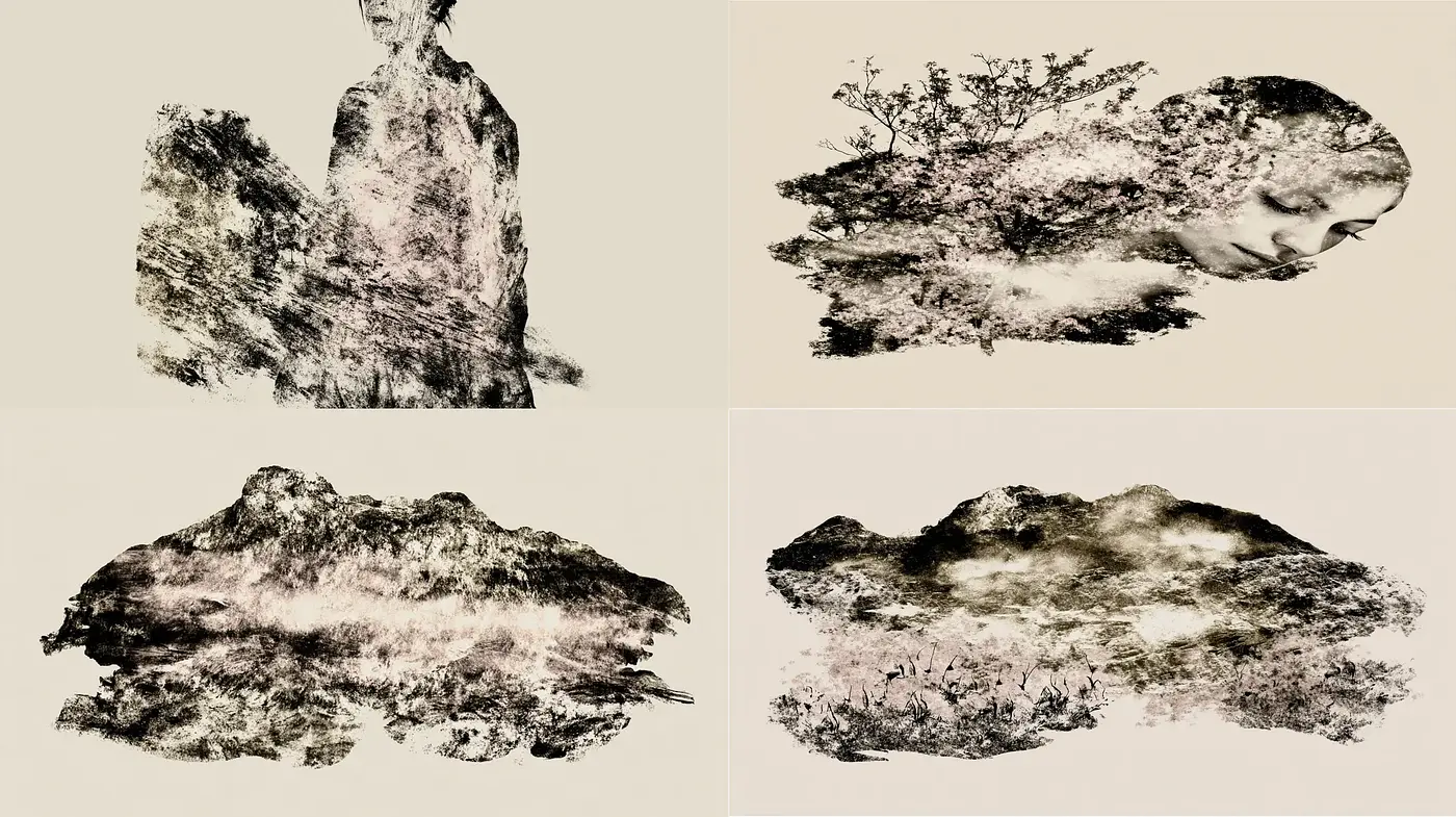 Softly Blurred Botanicals Merging with Ethereal Portraiture in Monochrome Style - Midjourney sref style