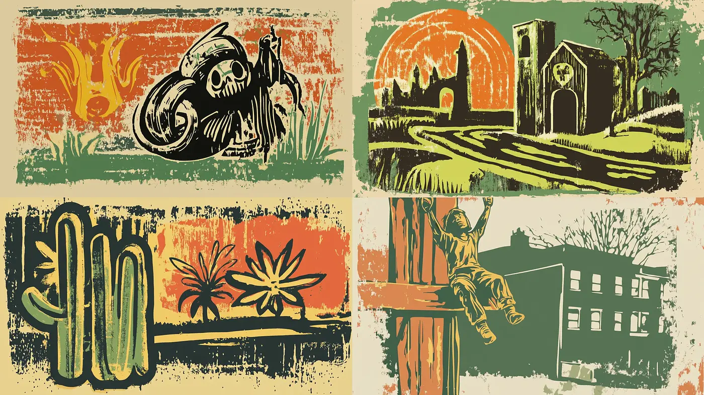 Retro Grunge Textured Vignettes with Stylized Contrasts - Midjourney sref style