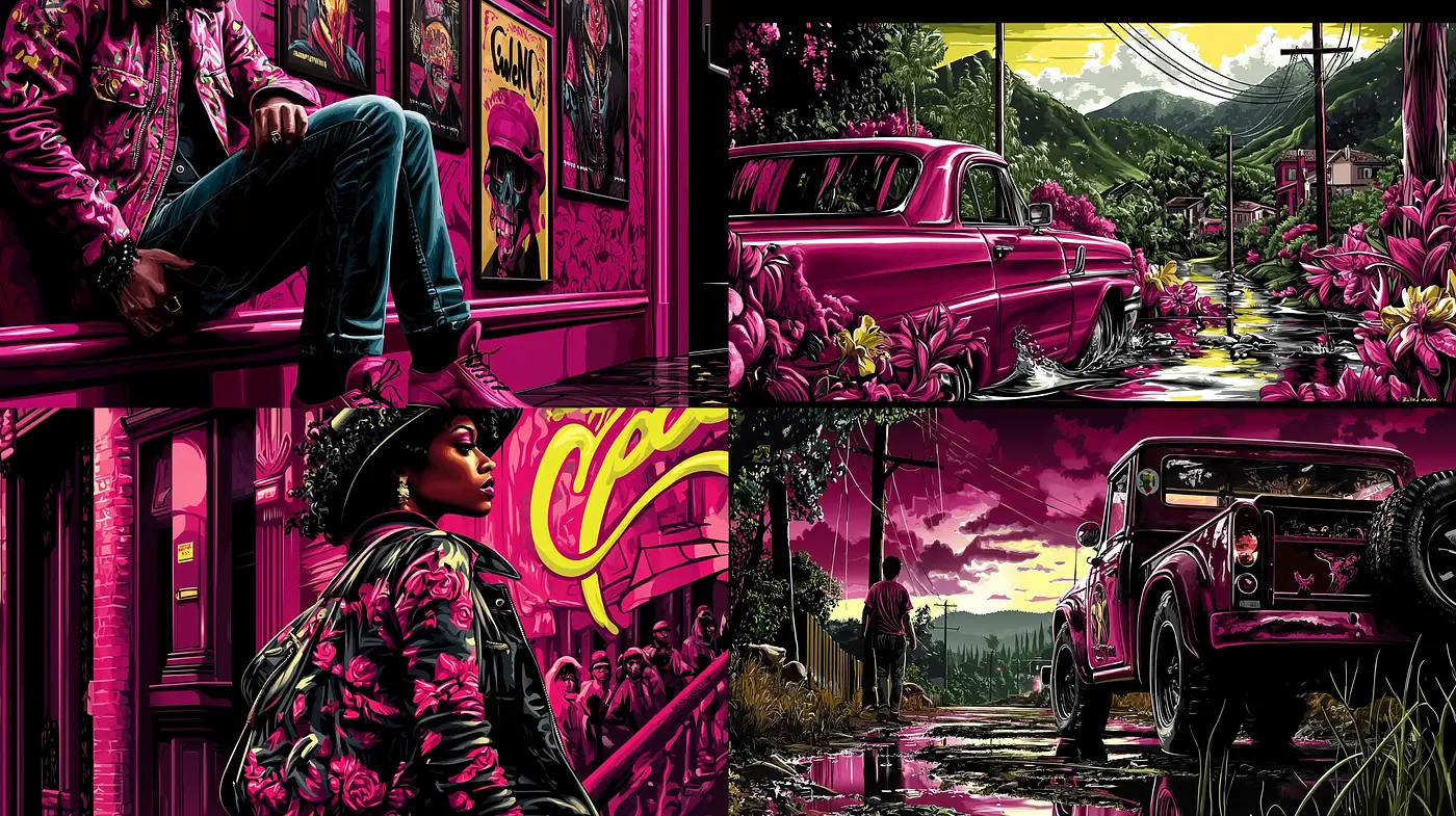 Neo-noir Vibrance: A Fusion of Vivid Colors and Dark Ambiance in Graphic Novel Aesthetics - Midjourney sref style