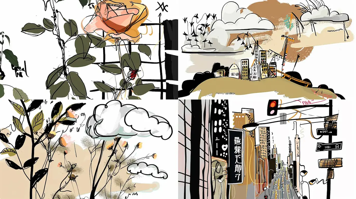 Contemporary Illustrative Style with Organic and Urban Influences - Midjourney sref style