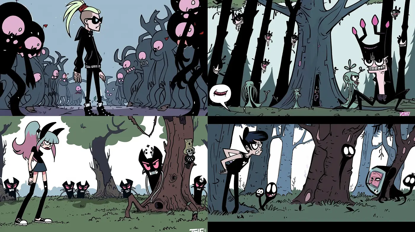 Eccentric Cartoon Goth Forest Scenes with an Underlying Whimsical Darkness - Midjourney sref style