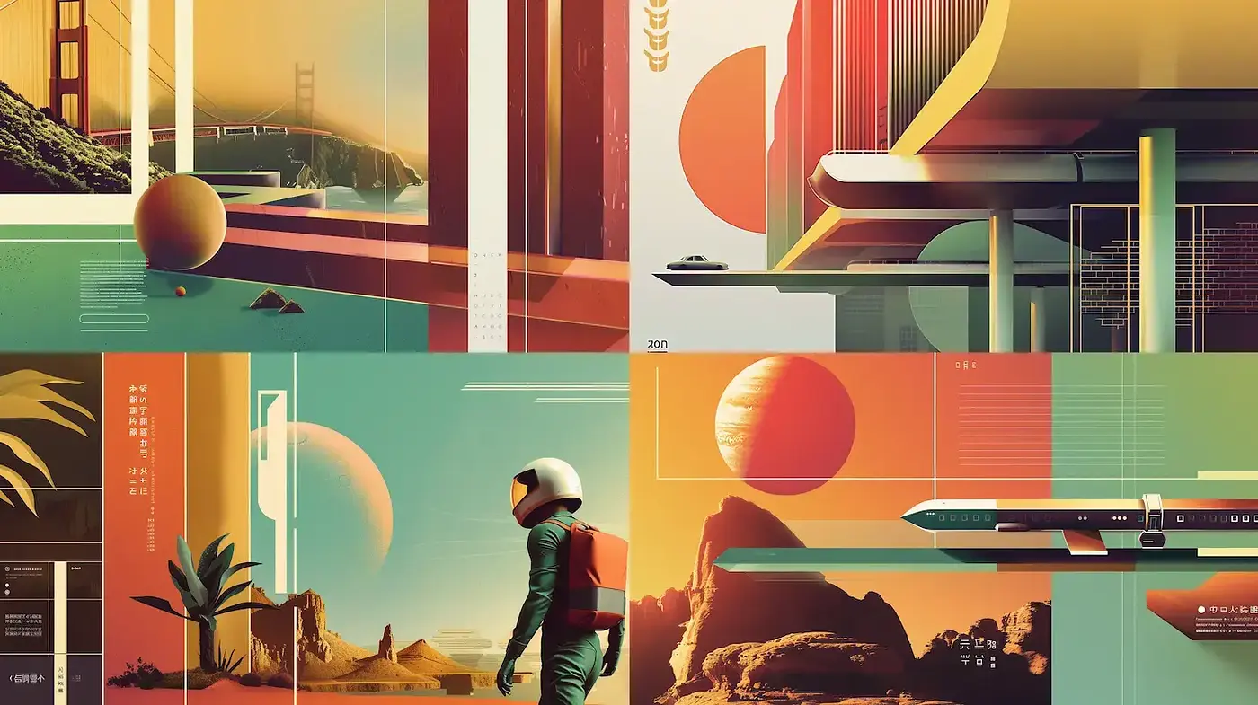 Futuristic Retro Aesthetics with Geometric Elements and Vibrant Tones - Midjourney sref style