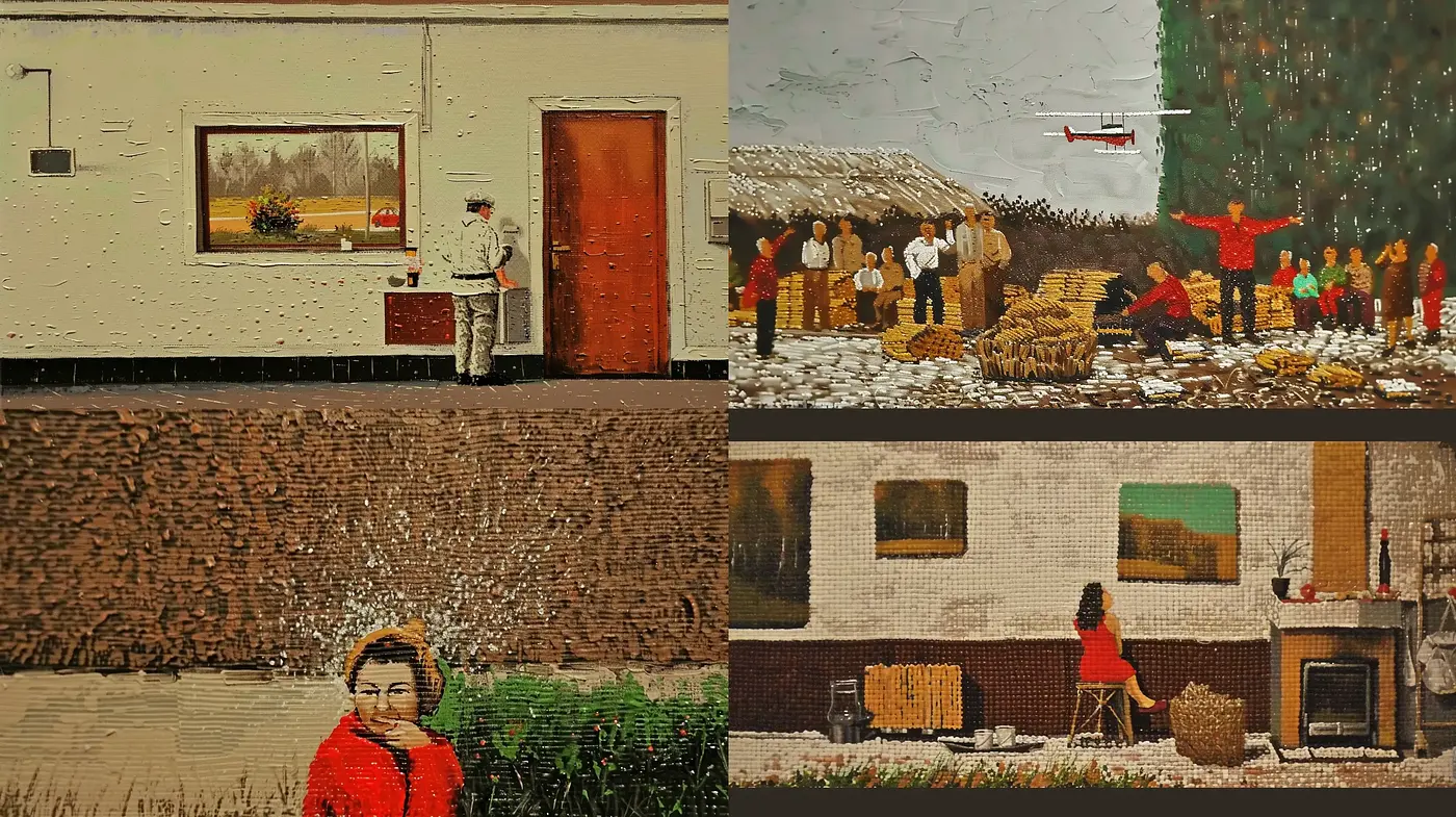 Rustic Textural Narratives in Cinematic Tableaus - Midjourney sref style