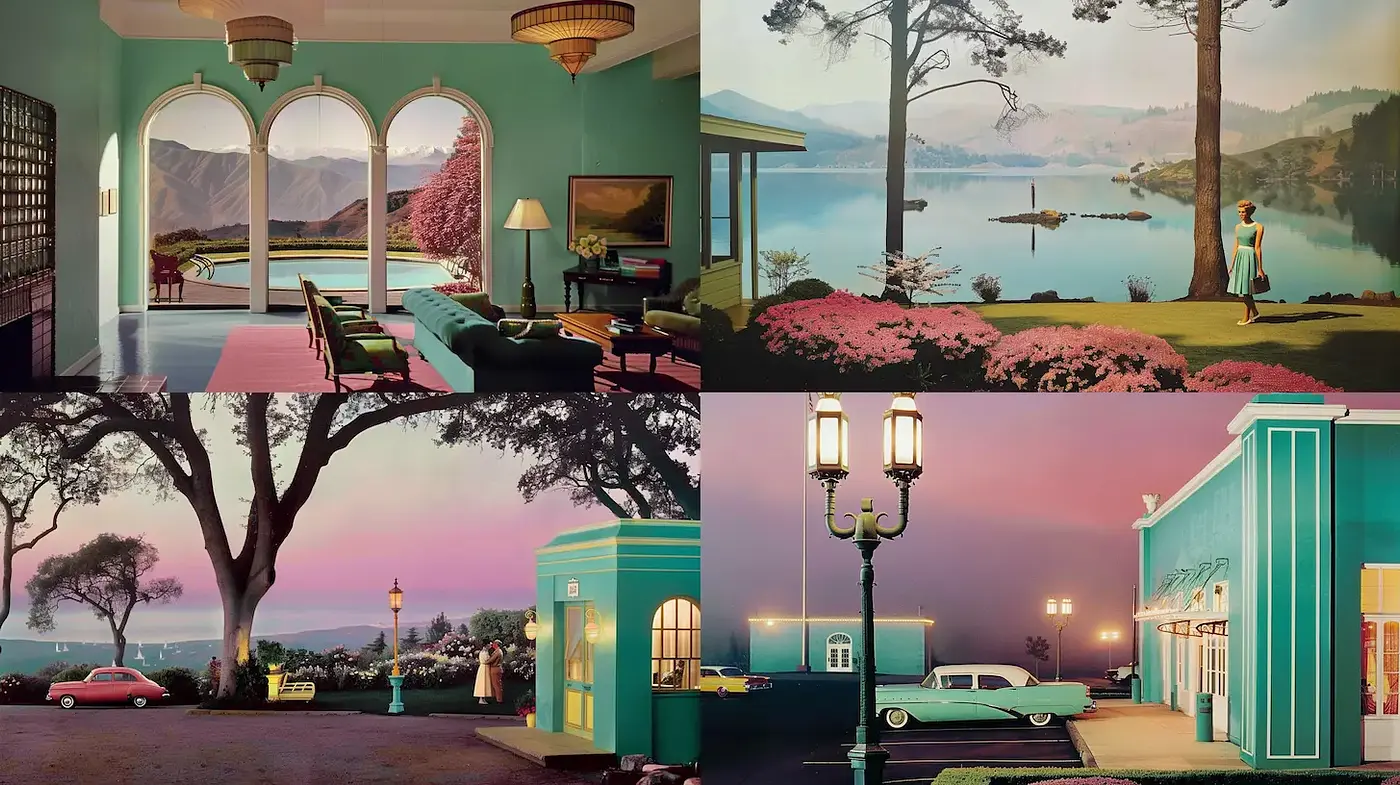 Nostalgic Mid-Century Modern Influenced Aesthetic with Soft Pastels and Dreamlike Landscapes - Midjourney sref style
