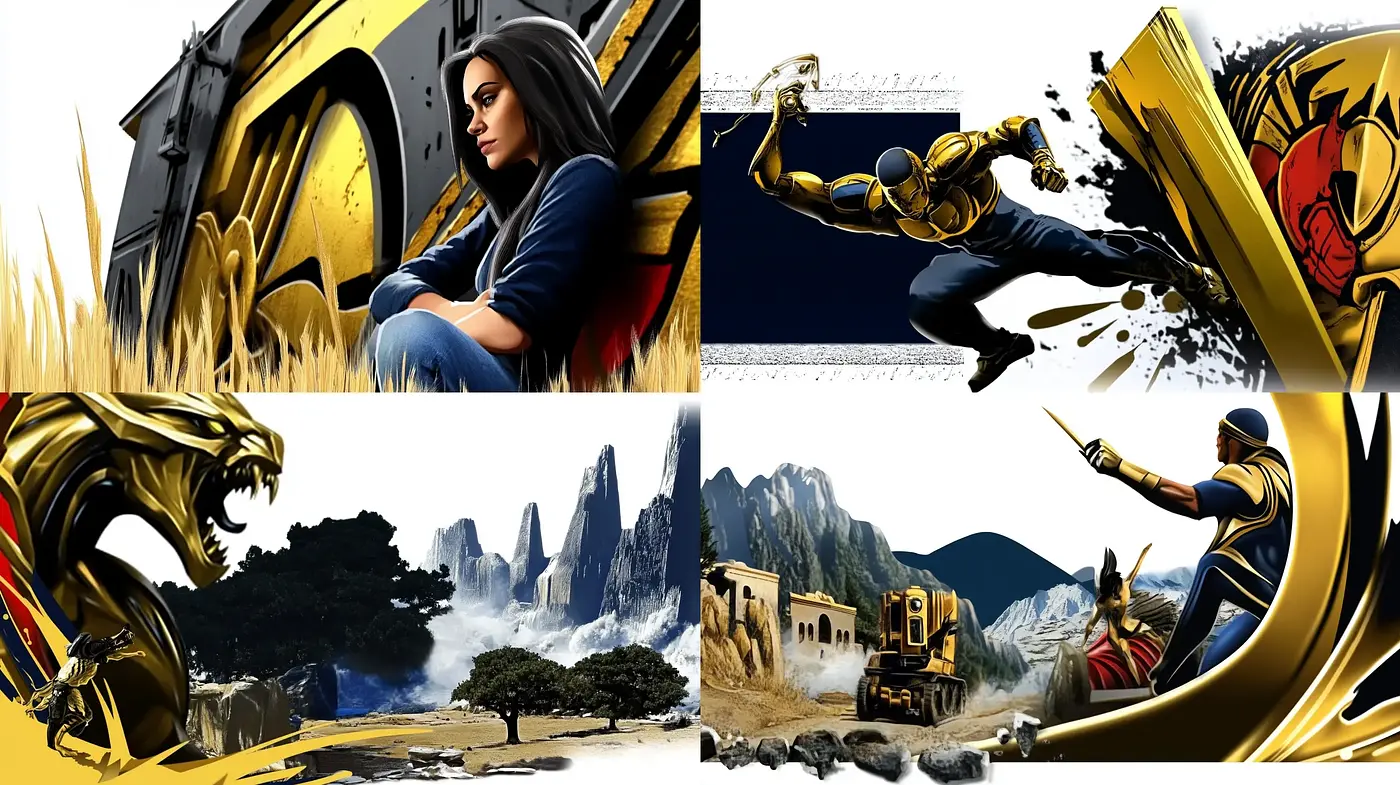 Illustrative Dynamic Motion with Golden Contrasts - Midjourney sref style